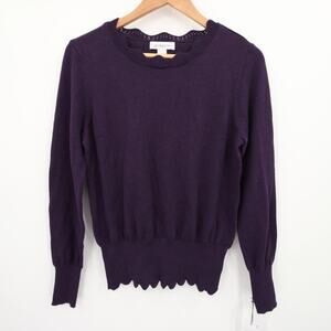 Liz Claiborne Sweater Purple Crewneck Long Sleeve Scalloped Trim Pullover Size S